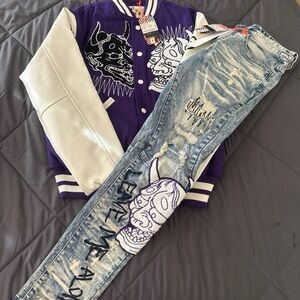 Smoke Rise Evil Buda Varsity Jacket And Jean set Size (30/32 Jeans)(Med Jacket)
